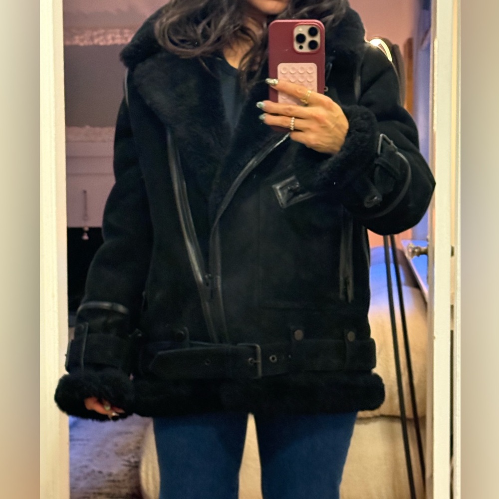 Arrivals Shearling Aviator Jacket- black suede luxe leather jacket